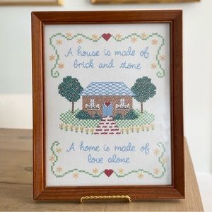 Embroidered Cross Stitched Wall Hanging in Wood Frame